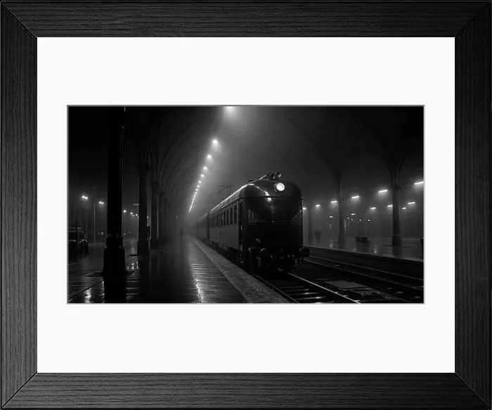 Framed Print : Vintage train at a foggy station at night under illuminated arches, dark retro mood setting, AI generated Framed Print : Vintage train at a foggy station at night under illuminated arches, dark retro mood setting, AI generated