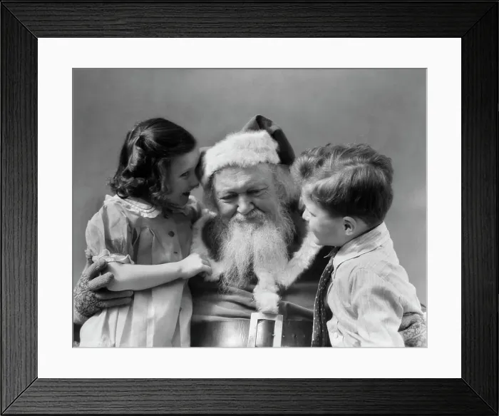 Framed Print : 1930S Little Boy With Girl Whispering Telling Santa Claus What She Wants For Christmas Framed Print : 1930S Little Boy With Girl Whispering Telling Santa Claus What She Wants For Christmas