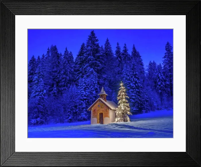 Framed Print : Illuminated Christmas tree in front of a chapel in winter, Bavaria, Upper Bavaria, Germany, Europe Framed Print : Illuminated Christmas tree in front of a chapel in winter, Bavaria, Upper Bavaria, Germany, Europe