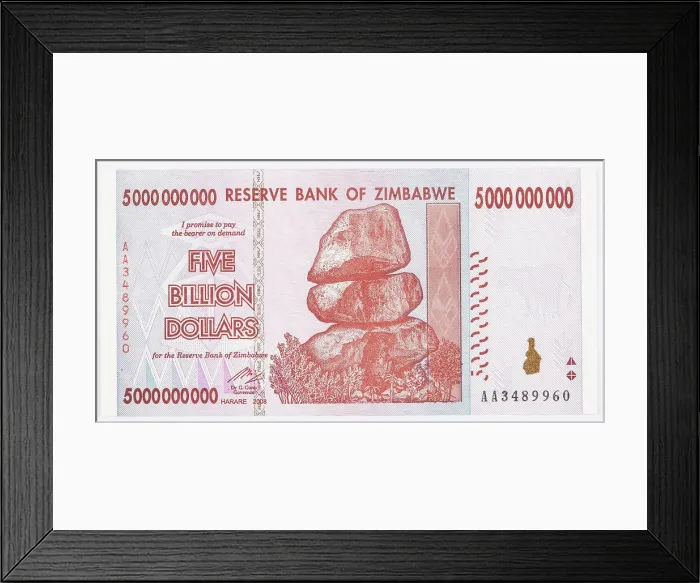 Framed Print : Banknot and 5, 000, 000 dollars; Reserve Bank of Zimbabwe; Zimbabwe; 2008