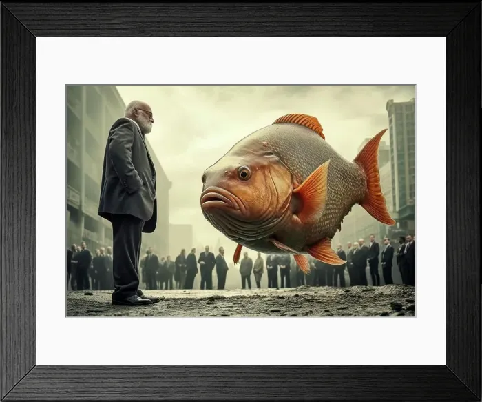 Framed Print : Surreal image of a man and fish in the city symbolizing the realm of dreamlike perception Framed Print : Surreal image of a man and fish in the city symbolizing the realm of dreamlike perception