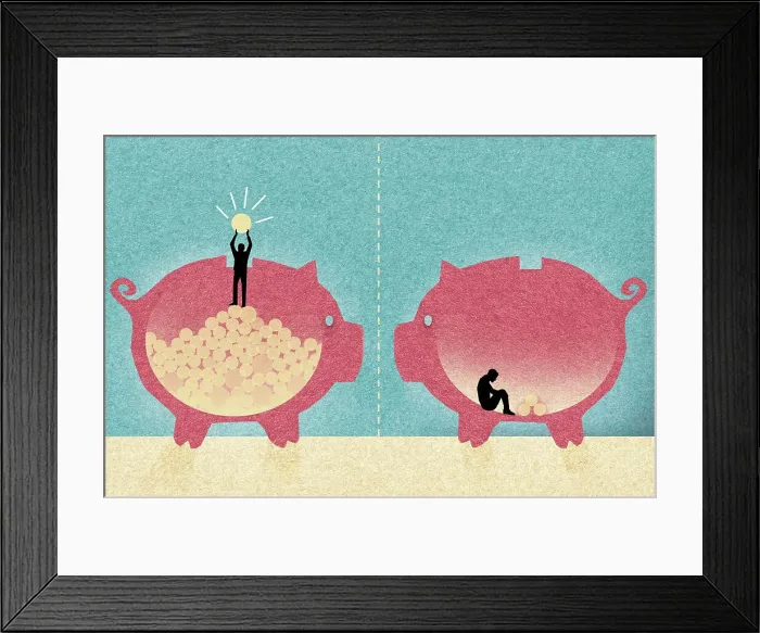 Framed Print : Contrast between wealthy man and poor man inside of piggy banks