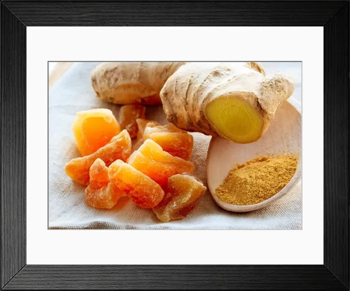 Framed Print : Three kinds of ginger - ground spice fresh and candied on rustic table Framed Print : Three kinds of ginger - ground spice fresh and candied on rustic table