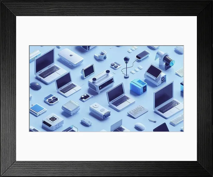 Framed Print : Collection of computers, laptops, and technology equipment in a creative isometric design with white and blue colors Framed Print : Collection of computers, laptops, and technology equipment in a creative isometric design with white and blue colors