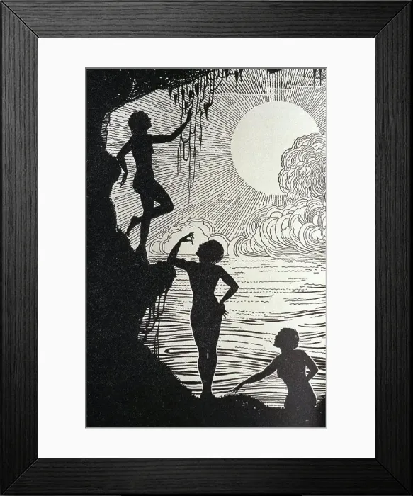 Framed Print : c.1930 Don Blanding painting in black and white of silhouette of women standing by ocean Framed Print : c.1930 Don Blanding painting in black and white of silhouette of women standing by ocean