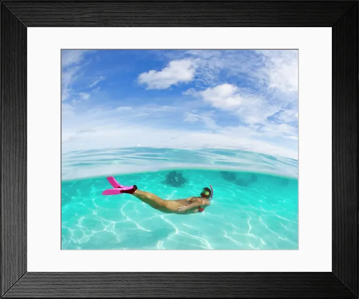 Framed Print : French Polynesia, Moorea, Woman Free Diving In Turquoise Ocean Framed Print : French Polynesia, Moorea, Woman Free Diving In Turquoise Ocean