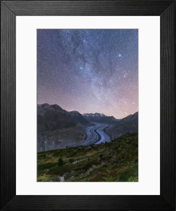 Framed Print : Glowing stars and Milky Way in the night sky over Aletsch Glacier, Bernese Alps, Valais canton, Switzerland, Europe Framed Print : Glowing stars and Milky Way in the night sky over Aletsch Glacier, Bernese Alps, Valais canton, Switzerland, Europe
