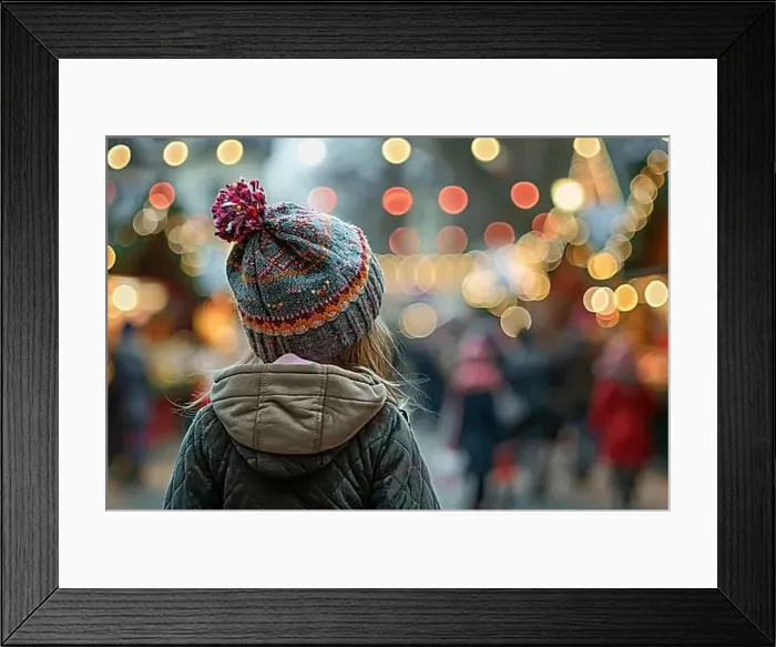 Framed Print : Back view of girl child with winter clothes at christmas market. Generative Ai, AI generated Framed Print : Back view of girl child with winter clothes at christmas market. Generative Ai, AI generated