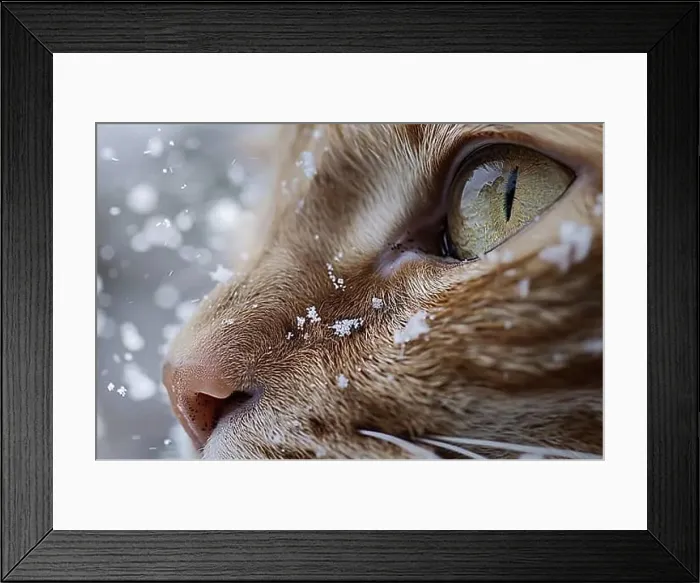 Framed Print : Close up of cat's face covered in snowflakes. Generative Ai, AI generated