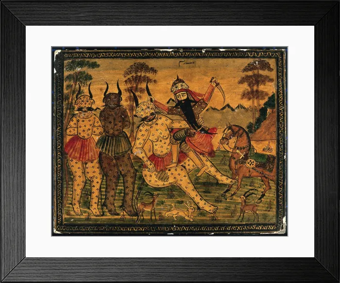 Framed Print : Fateh Ali Shāh, in the guise of Rustam, fighting the white Div. Gouache painting by a Persian artist, Qajar period Framed Print : Fateh Ali Shāh, in the guise of Rustam, fighting the white Div. Gouache painting by a Persian artist, Qajar period