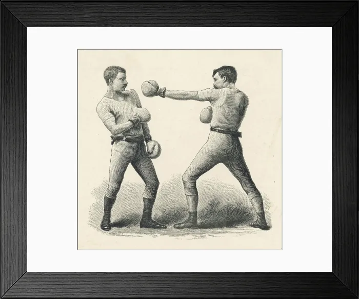 Framed Print : A boxer steps away from his opponent's left jab, avoiding the punch successfully. Date: circa 1890 Framed Print : A boxer steps away from his opponent's left jab, avoiding the punch successfully. Date: circa 1890