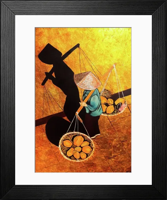 Framed Print : Vietnam, Tourist Goods, Painting of Vietnamese woman carrying goods in baskets on pole across her shoulders Framed Print : Vietnam, Tourist Goods, Painting of Vietnamese woman carrying goods in baskets on pole across her shoulders