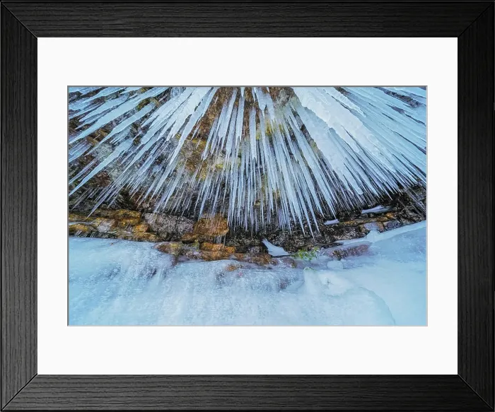 Framed Print : Icicles hanging down from limestone overhang, Tobermory, Ontario, Canada Framed Print : Icicles hanging down from limestone overhang, Tobermory, Ontario, Canada