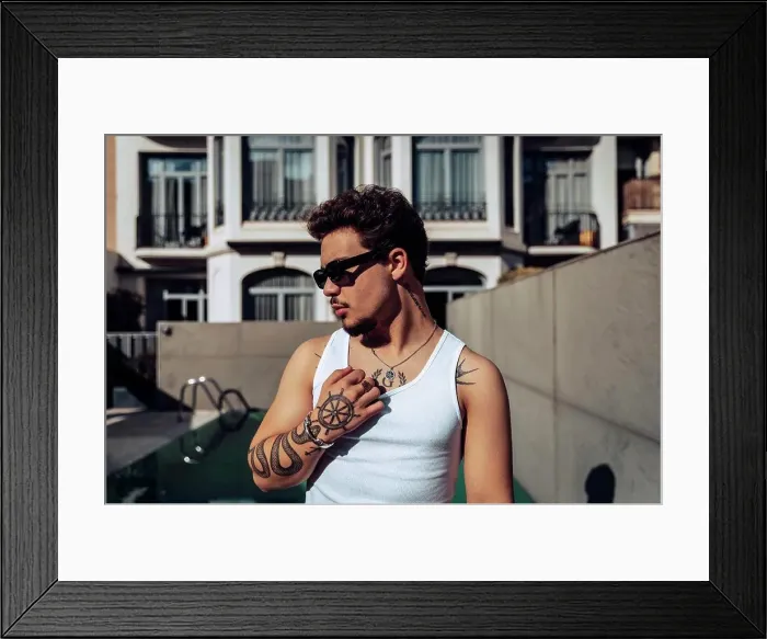 Framed Print : Close-up of a tattooed guy with sunglasses Framed Print : Close-up of a tattooed guy with sunglasses