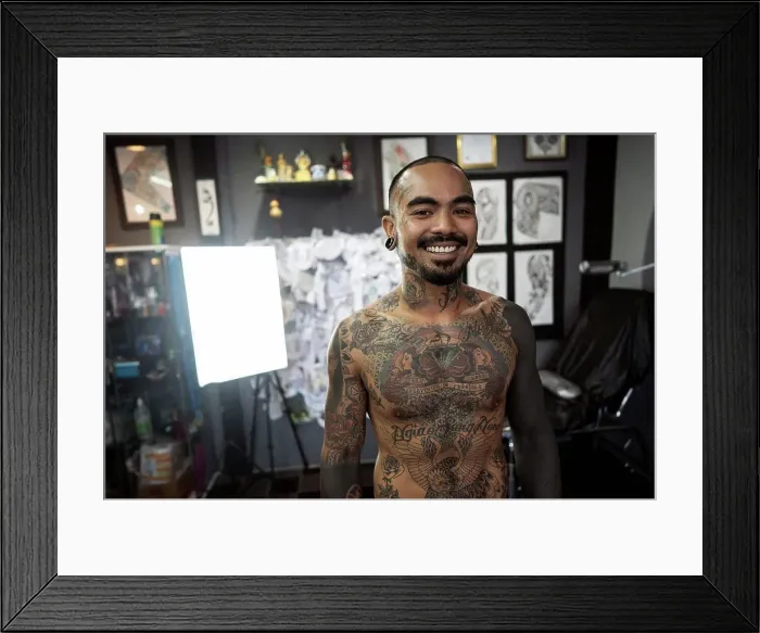 Framed Print : tattoo guy all in tattoos plays the guitar and sings in the tatt Framed Print : tattoo guy all in tattoos plays the guitar and sings in the tatt