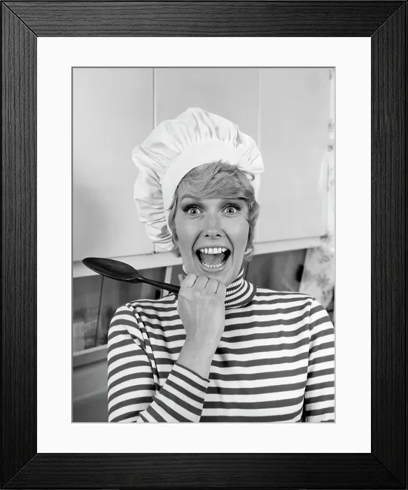 Framed Print : 1970S Woman Portrait Wearing Chef'S Toque In Kitchen With Surprised Face