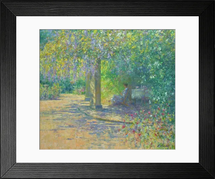 Framed Print : Garden scene with seated female figure reading Framed Print : Garden scene with seated female figure reading