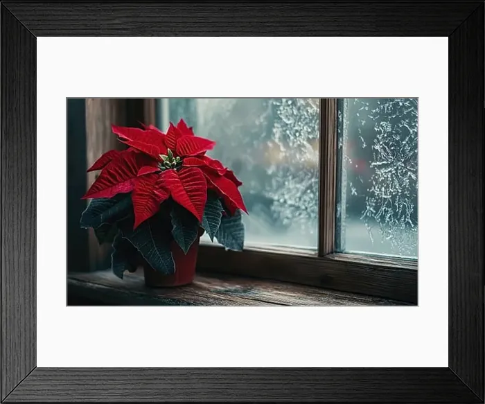 Framed Print : A red poinsettia plant sits in a pot on a windowsill Framed Print : A red poinsettia plant sits in a pot on a windowsill