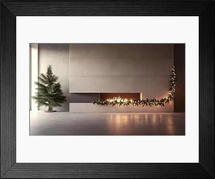 Framed Print : A fireplace with a Christmas tree in front of it AI generated