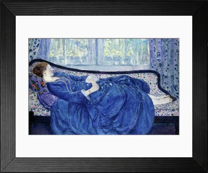 Framed Print : Girl in Blue. Frederick Carl Frieseke (1874-1939). Oil on canvas. Signed and dated 1917. 99.1 x 152.5cm Framed Print : Girl in Blue. Frederick Carl Frieseke (1874-1939). Oil on canvas. Signed and dated 1917. 99.1 x 152.5cm