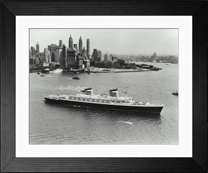 Framed Print : Vintage photograph. USA, New York State, New York City, High angle view of cruise ship in sea