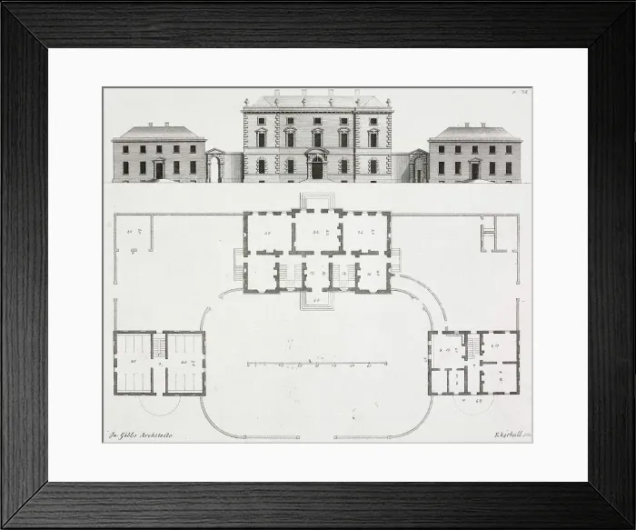 Framed Print : Facade and plan of Kelmarsh Hall