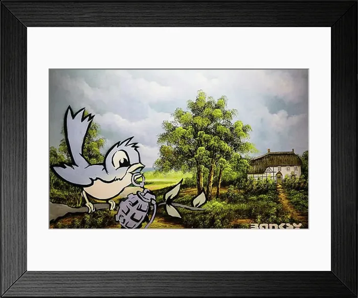 Framed Print : Bird and Grenade, bird with hand grenade as anti-war metaphor Framed Print : Bird and Grenade, bird with hand grenade as anti-war metaphor