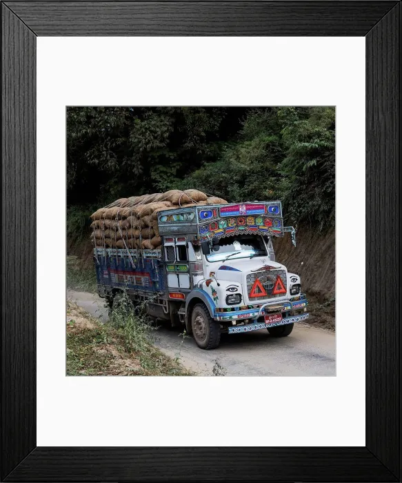 Framed Print : A colourful truck loaded with brown sacks; Thimphu, Bhutan Framed Print : A colourful truck loaded with brown sacks; Thimphu, Bhutan