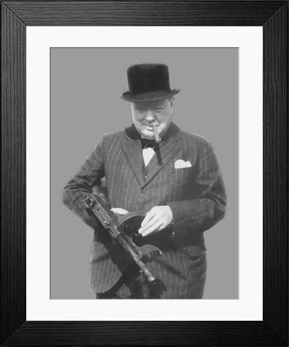 Framed Print : Digitally restored vector photo of Sir Winston Churchill with a Tommy Gun