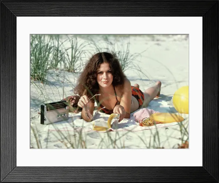Framed Print : 1970S Woman Beach Paperback Radio Frisbee Retro