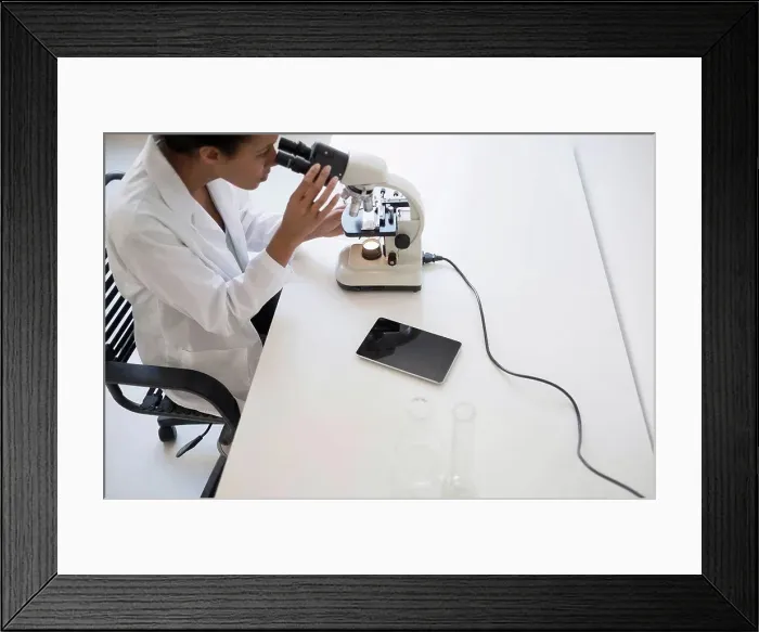 Framed Print : Woman scientist looking through microscope Framed Print : Woman scientist looking through microscope