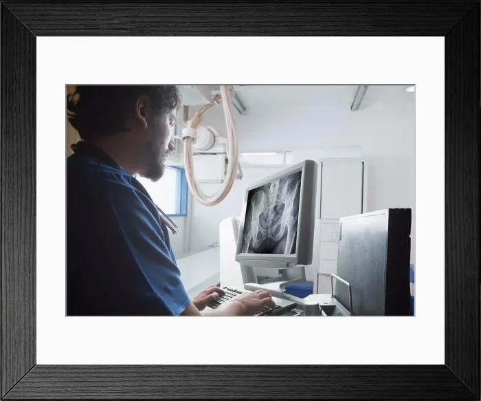 Framed Print : Young male radiographer looking at Xray of pelvis in radiology department Framed Print : Young male radiographer looking at Xray of pelvis in radiology department