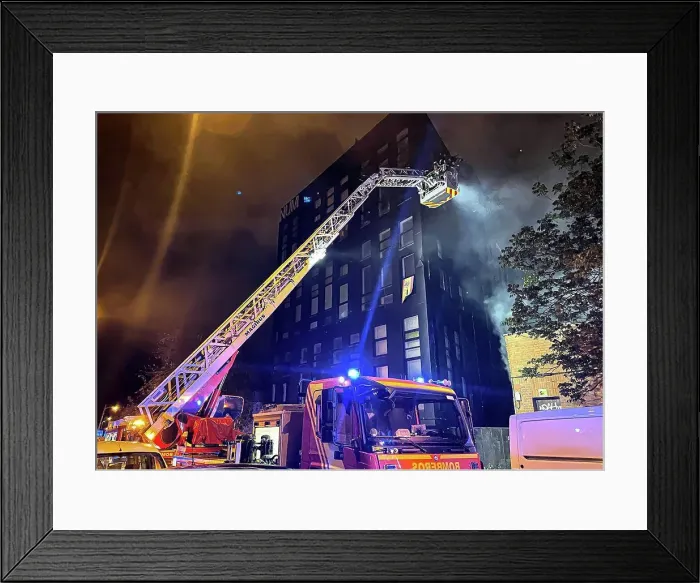 Framed Print : fire truck scale working on a fire Framed Print : fire truck scale working on a fire