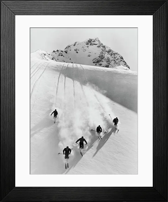 Framed Print : 1920S 1930S Five Men Skiing Down Snow Covered Alps Switzerland Framed Print : 1920S 1930S Five Men Skiing Down Snow Covered Alps Switzerland