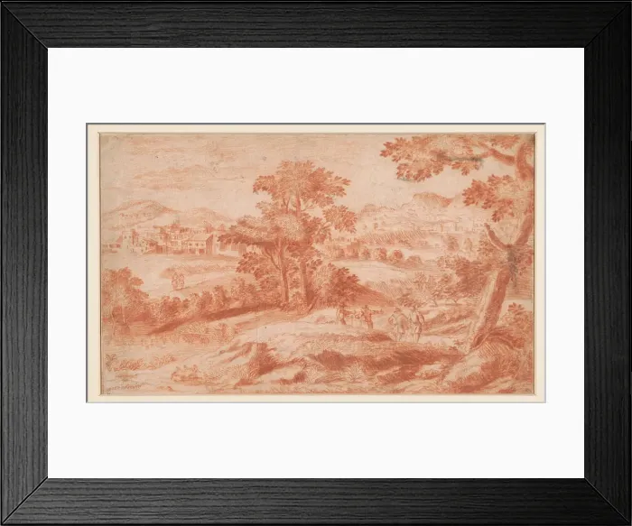 Framed Print : Tree and hill landscape with hikers Framed Print : Tree and hill landscape with hikers
