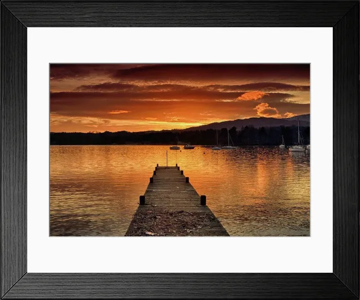 Framed Print : dock on lake windermere at sunset, ambleside, cumbria, england