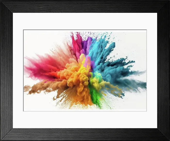 Framed Print : Colorful rainbow holi paint color powder explosion isolated white wide panorama background. Ai generated art Framed Print : Colorful rainbow holi paint color powder explosion isolated white wide panorama background. Ai generated art