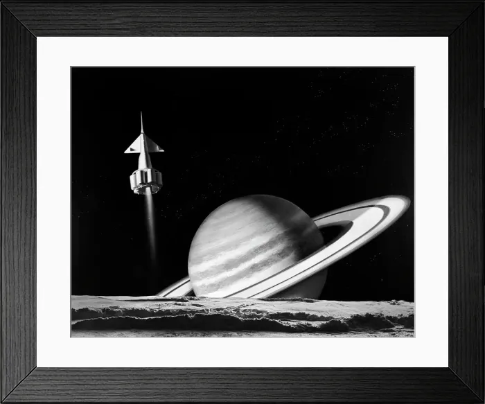 Framed Print : 1960S Space Rocket Flying Past Saturn With Surface Of Another Planet In Foreground Framed Print : 1960S Space Rocket Flying Past Saturn With Surface Of Another Planet In Foreground