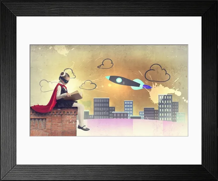 Framed Print : Little superhero. Cute girl of school age wearing super hero costume