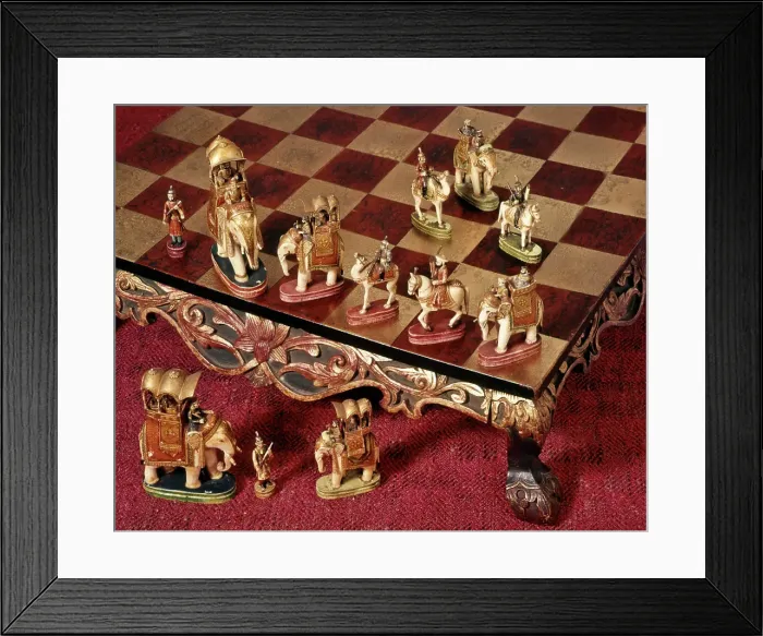 Framed Print : 1950s CHESS SET IN STYLE OF INDIA ELEPHANTS AND MAHARAJA HUNTING PARTY ON RAISED ORNATE CHESSBOARD