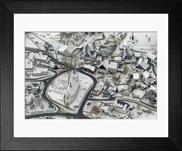 Framed Print : Aerial view, Brunskappeler church in winter and Wildenberg castle