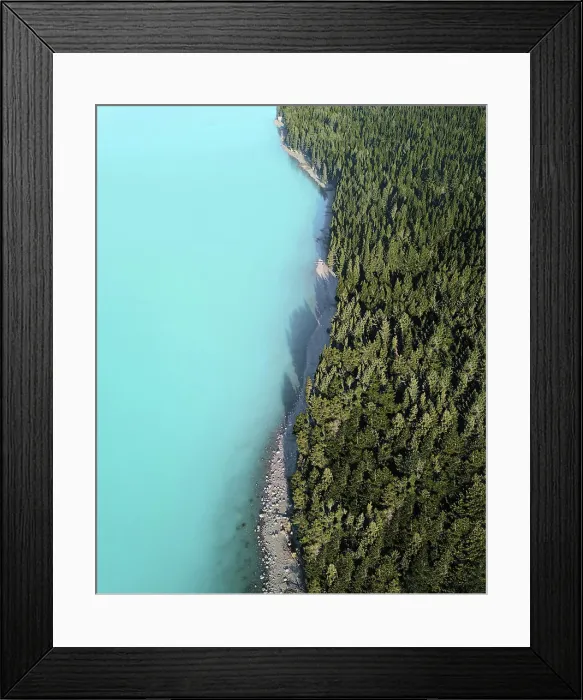Framed Print : Aerial view of evergreen trees and glacial water at the edge of Lake Pukaki Framed Print : Aerial view of evergreen trees and glacial water at the edge of Lake Pukaki