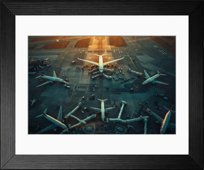 Framed Print : Aerial view of busy airport with planes taking off and landing representing dynamics of air travel