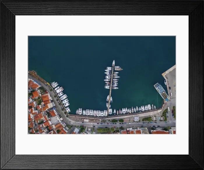 Framed Print : Aerial view of a yacht jetty in Saronic Gulf, Greece Framed Print : Aerial view of a yacht jetty in Saronic Gulf, Greece
