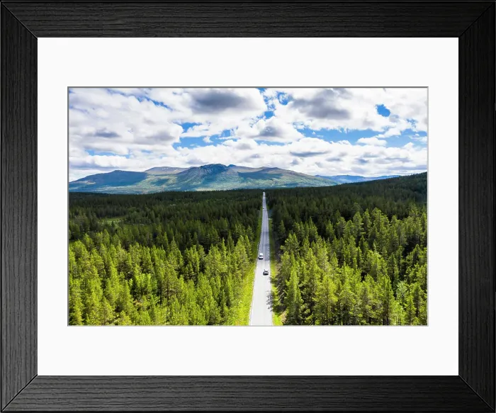 Framed Print : Aerial view of cars along the road crossing the forest, Jotunheimen National Park, Norway, Scandinavia, Europe Framed Print : Aerial view of cars along the road crossing the forest, Jotunheimen National Park, Norway, Scandinavia, Europe