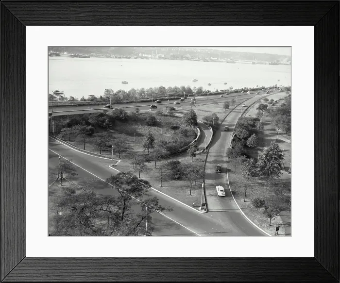 Framed Print : Vintage photograph. Highway with river seen in distance