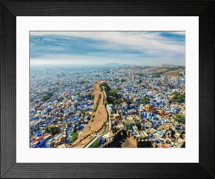 Framed Print : Aerial view of Jodhpur, also known as Blue City due to the vivid blue-painted Brahmin houses around Mehrangarh Fort
