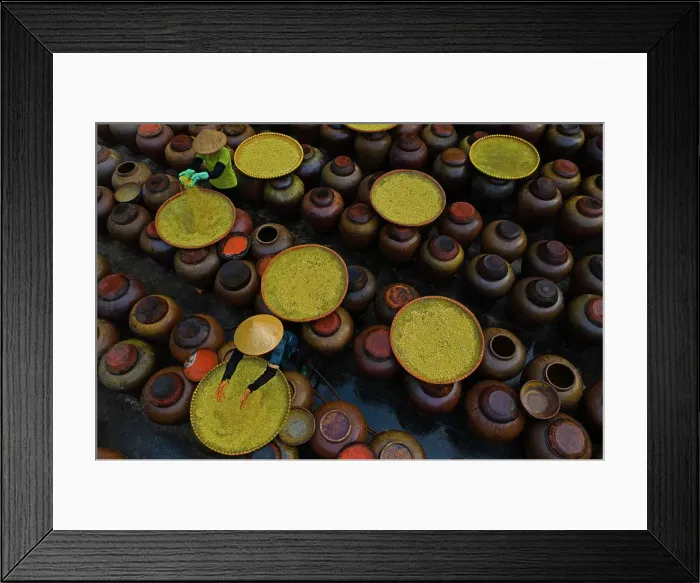 Framed Print : Aerial view of people working in a factory processing Soya source mixing with yellow rice in barrels Framed Print : Aerial view of people working in a factory processing Soya source mixing with yellow rice in barrels
