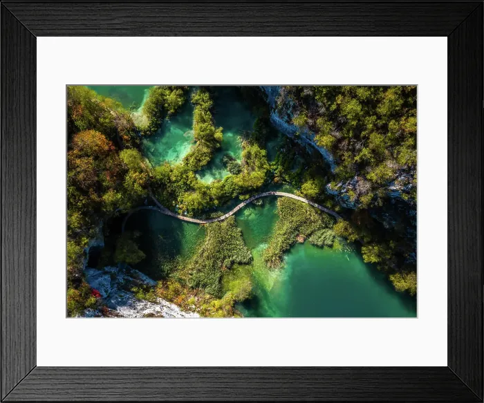 Framed Print : Aerial view of a wooden walkway surrounded by turquoise water in Lower Lakes, Korana, Croatia Framed Print : Aerial view of a wooden walkway surrounded by turquoise water in Lower Lakes, Korana, Croatia