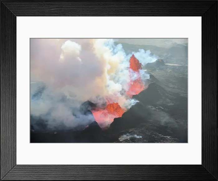 Framed Print : Aerial view of crater with spewing lava Framed Print : Aerial view of crater with spewing lava